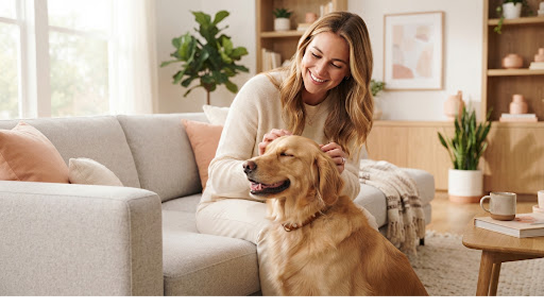 Happy pet owner with golden retriever